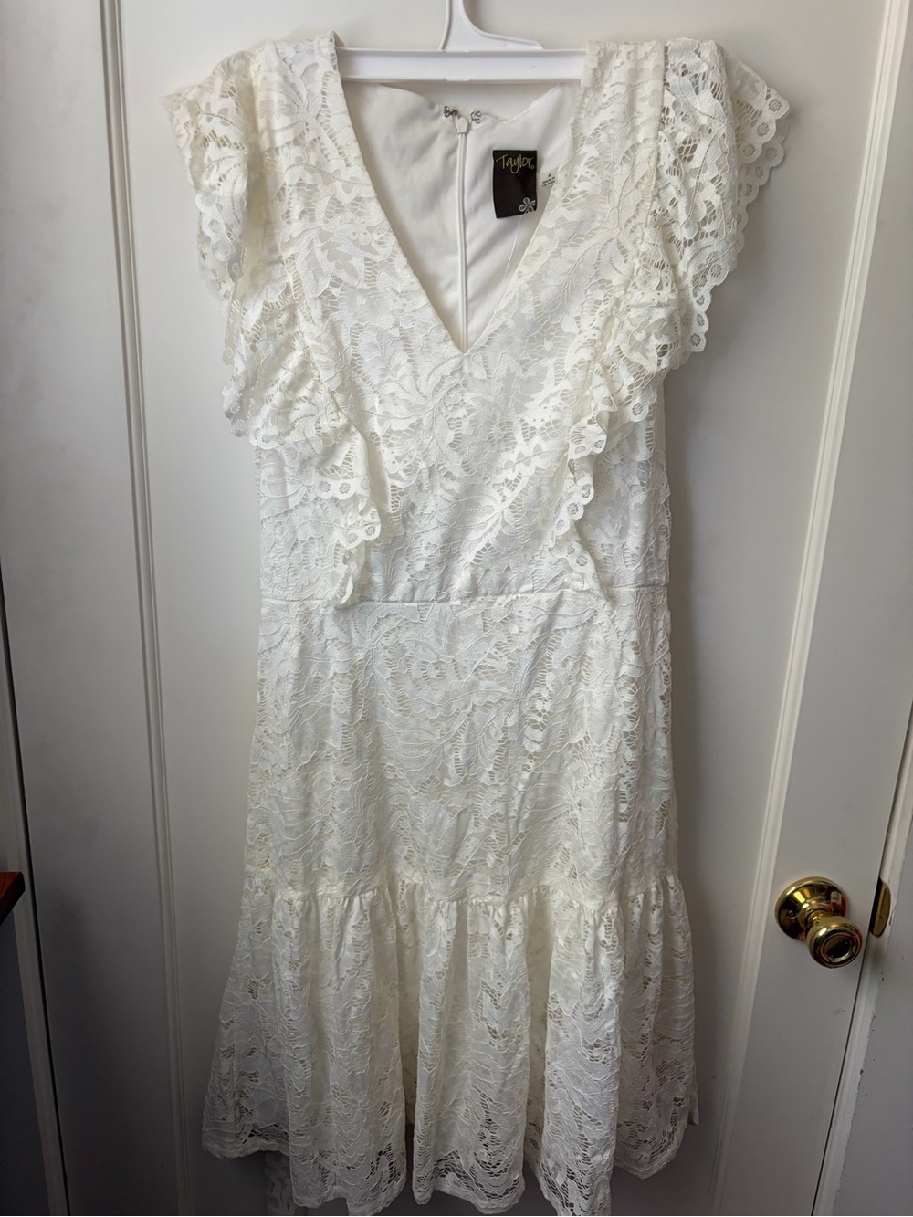 Taylor Ivory Lace Midi Dress with V-Neck and Ruffle Sleeves